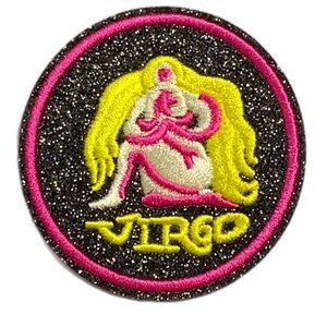 Glitter Embroidered Round Virgo Zodiac Iron On Patch Black Yellow Pink